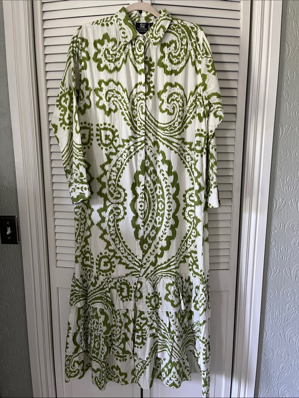 Green Paisley Button-Front Midi Dress